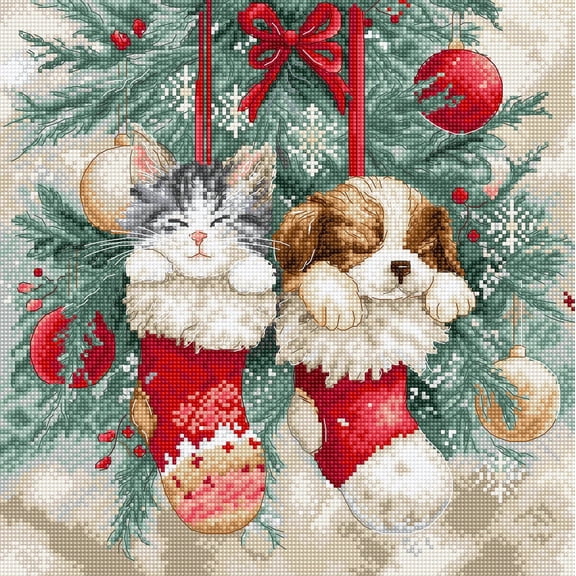 Wizardi Counted Cross Stitch Kit "Christmas Naps" L9966  Puppy and Kitten in Stockings, 16ct White Zweigart Aida Luca-S 34 Colors Floss, Needle, Chart, 9.45x9.45" Kit for Adult Letistitch