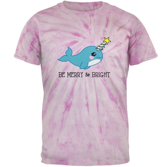 Christmas Narwhal Be Merry and Bright Mens T Shirt Pinwheel Pink Tie Dye MD