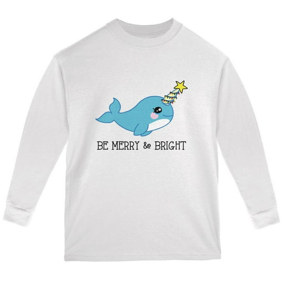 Christmas Narwhal Be Merry and Bright Youth Long Sleeve T Shirt White YLG