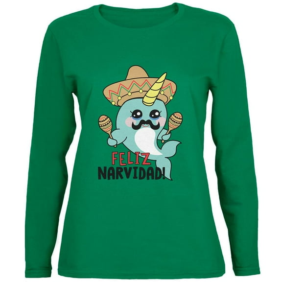 Christmas Narwhal Feliz Narvidad Navidad Womens Long Sleeve T Shirt Green SM
