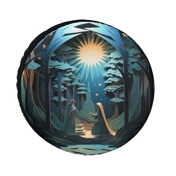Christmas Nativity Camping Spare Tire Cover Xmas Rustic Winter Holiday Camping Wheel Protectors Tyre Covers Weatherproof Wheel Covers Universal Fit for Trailer SUV Truck Camper Travel Trailer 13inch