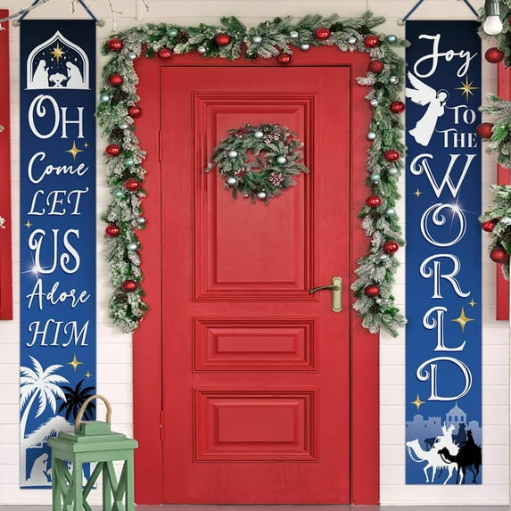 Christmas Nativity Christian Porch Banner Sign, Religious Xmas Joy To The World Jesus Front Door Decorative Hanging Welcome Banners Flag, Winter Holiday Decoration Home Outdoor Decor