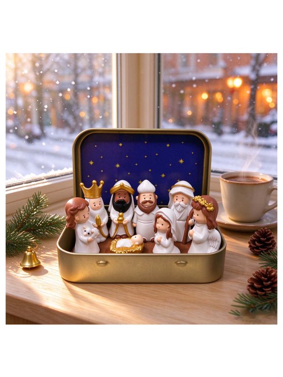 Christmas Nativity Decor, Resin Holy Family Figurines in Tin Box with Star Printed Lining, Portable Religious Tabletop Decoration for Shelf Mantel Desk Window Sill Winter Home Decor(Q)