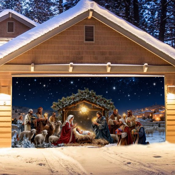 Easter Nativity Garage Door Cover 7 x 16 FT Christmas Garage Door Banner Decoration Nativity Religious Backdrop for Xmas Outdoor Party Supplies #A2