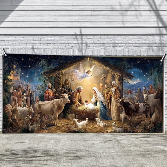 Christmas Nativity Garage Door Cover Light Large Manger Scene Backdrop Christmas Religious Jesus Garage Backdrop Decoration for Xmas Eve Holiday Party Wall Door 13.1x6ft