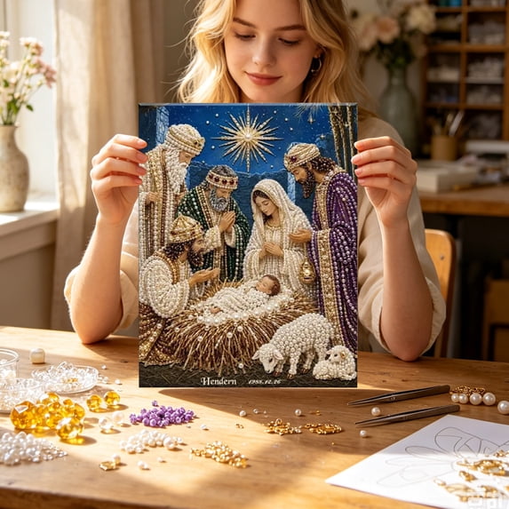 Christmas Nativity Pearl Painting Kit 5D DIY Diamond Art with Angels Holy Family Scene for Wall Holiday Decor