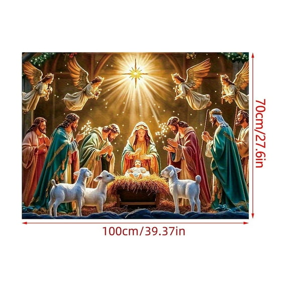 Christmas Nativity Scene Banner with Starry Canopy, Religious Christmas Decor for Home Church, Velvet Fabric Hanging Banner with Clips(A)