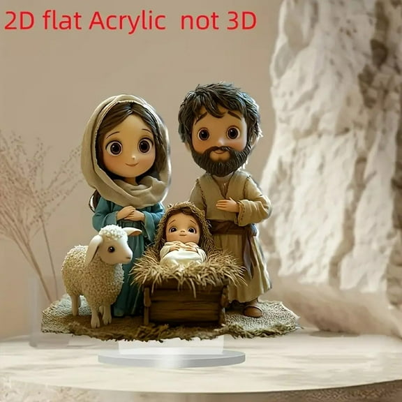 Christmas Nativity Scene - Birth Scene of The Trough 2D Acrylic Ornament (7.5x7.5in),Warm Khaki Color with Manger,Family & Sheep Design,Ideal Desktop Holiday Gift