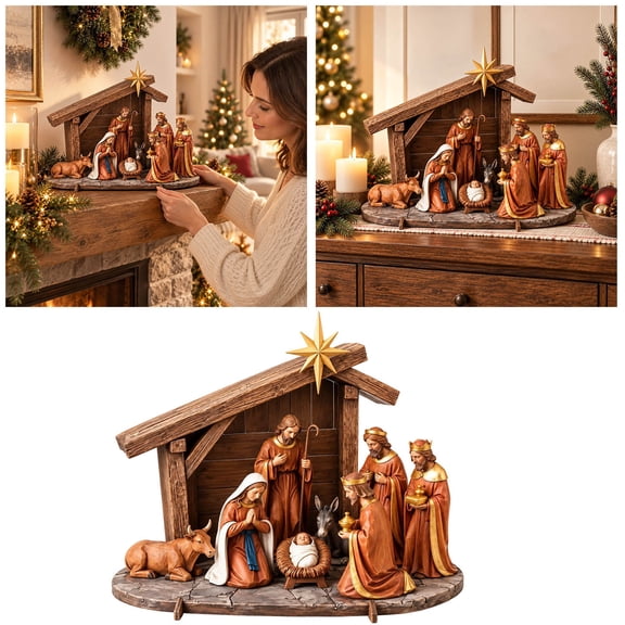 Christmas Nativity Scene Decor, Bring The True Meaning Of Christmas Home Tabletop Manger Display with Holy Family, Bethlehem Star, Indoor Religious Decoration for Mantel