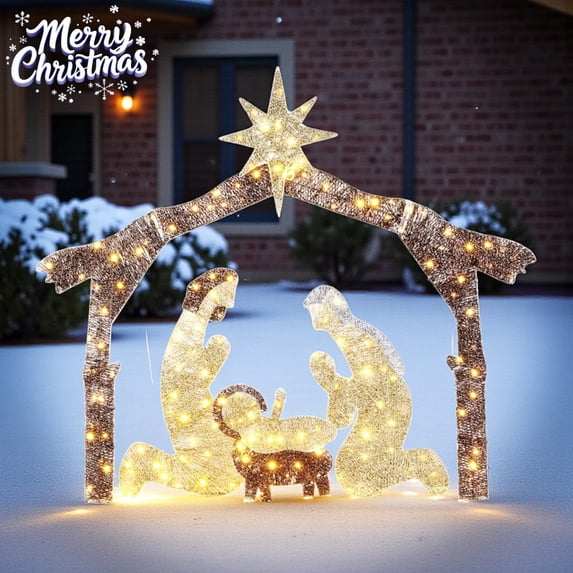 Christmas Nativity Scene Decoration 6FT – Brown Roof with 190 LED Warm White Lights, Easy-to-Install for Garden or Patio