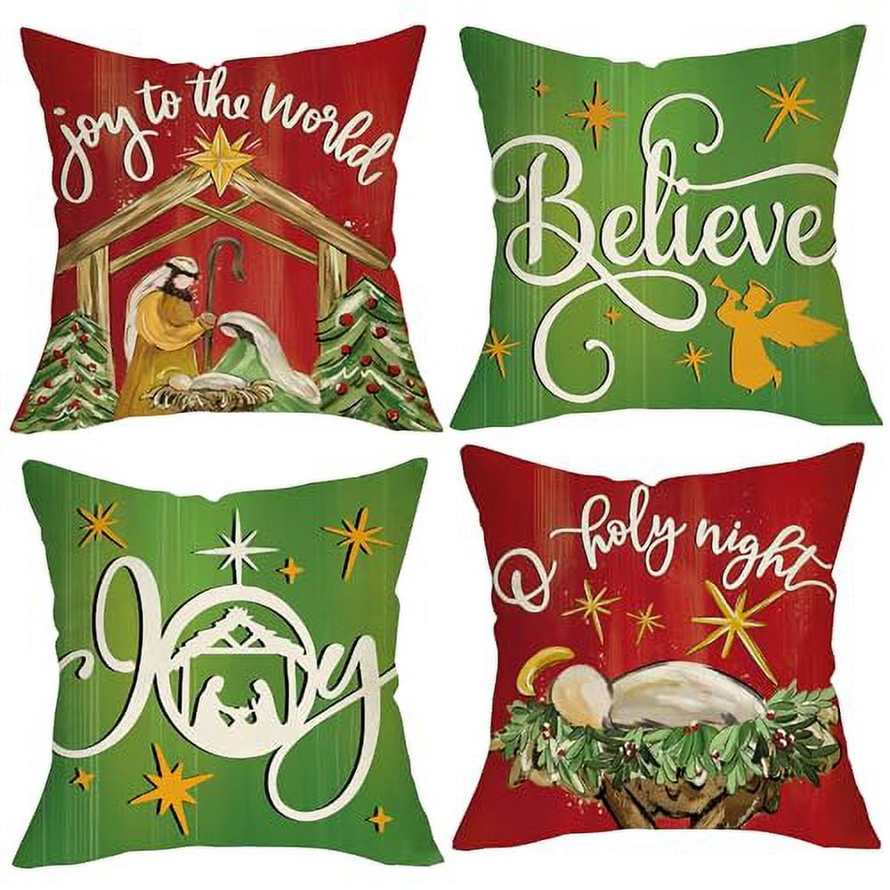 Christmas Nativity Scene Decorative Throw Pillow Covers 18x18 Set of 4, Xmas Red Green O Holy Night Jesus Religious Outdoor Home Decor, Joy to The World Believe Winter Holiday Cushion Case