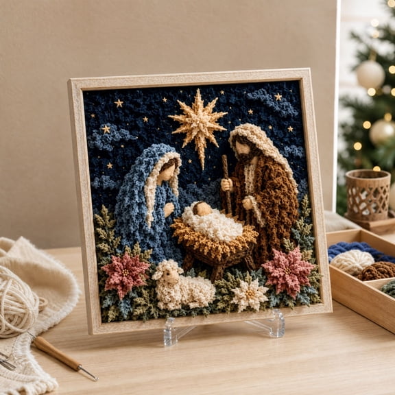 Christmas Nativity Scene Diy Punch Needle Kit Decor, 3d Carft Real Touch Soft No Fade Fabric with Wooden Frame for Beginners Family Party Shelf Table Home Room Art Decor Creative Craft Gift