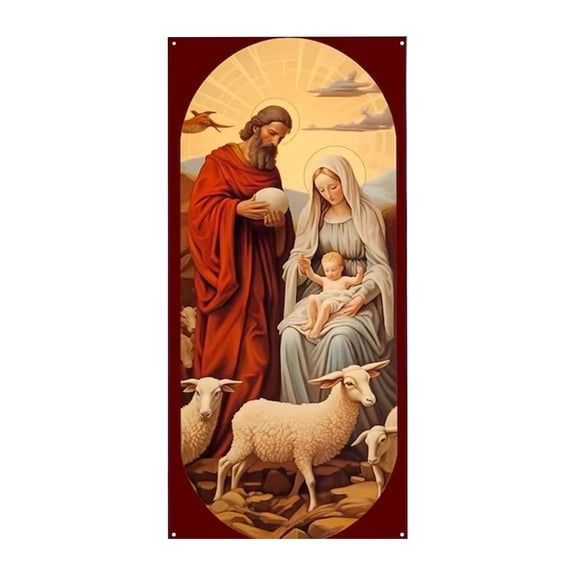 Christmas Nativity Scene Door Cover, Red Ribbon Vintage Santa Wreath Decor, Durable Fabric Door Banner for Indoor Outdoor Xmas Home Decoration, 70.87x35.43inch
