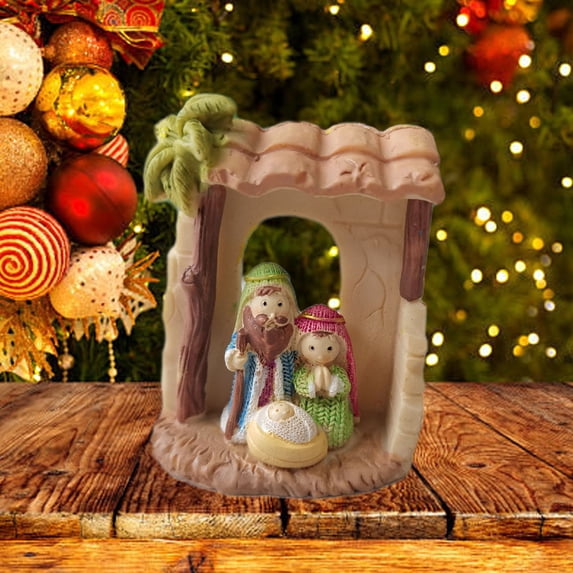 Christmas Nativity Scene Figures, Christmas Indoor Desktop Decor Holy Family Nativity Creche Set with Jesus Messages Resin Religious Tabletop Gift for Christian(B)