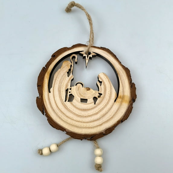 Christmas Nativity Scene Natural Wooden Hanging Ornament, The Birth Of Jesus Decoration Religious Gifts for Xmas Tree Indoor Outdoor Family and Christian, 4.5Inch