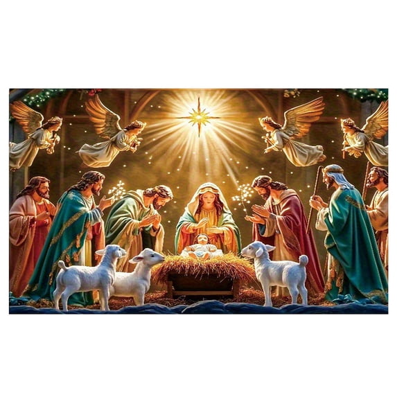 Christmas Nativity Scene Tapestry Banner – Starry Canopy Wall Hanging with Jesus Birth Design, Peach Velvet Fabric Holiday Backdrop for Home or Church Décor