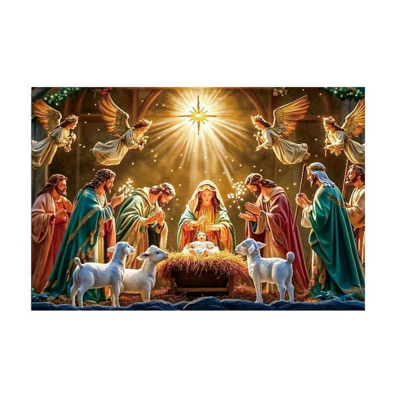 Christmas Nativity Scene Tapestry Banner – Starry Canopy Wall Hanging with Jesus Birth Design, Peach Velvet Fabric Holiday Backdrop for Home or Church Décor