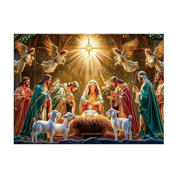 Christmas Nativity Scene Tapestry Banner – Starry Canopy Wall Hanging with Jesus Birth Design, Peach Velvet Fabric Holiday Backdrop for Home or Church Décor