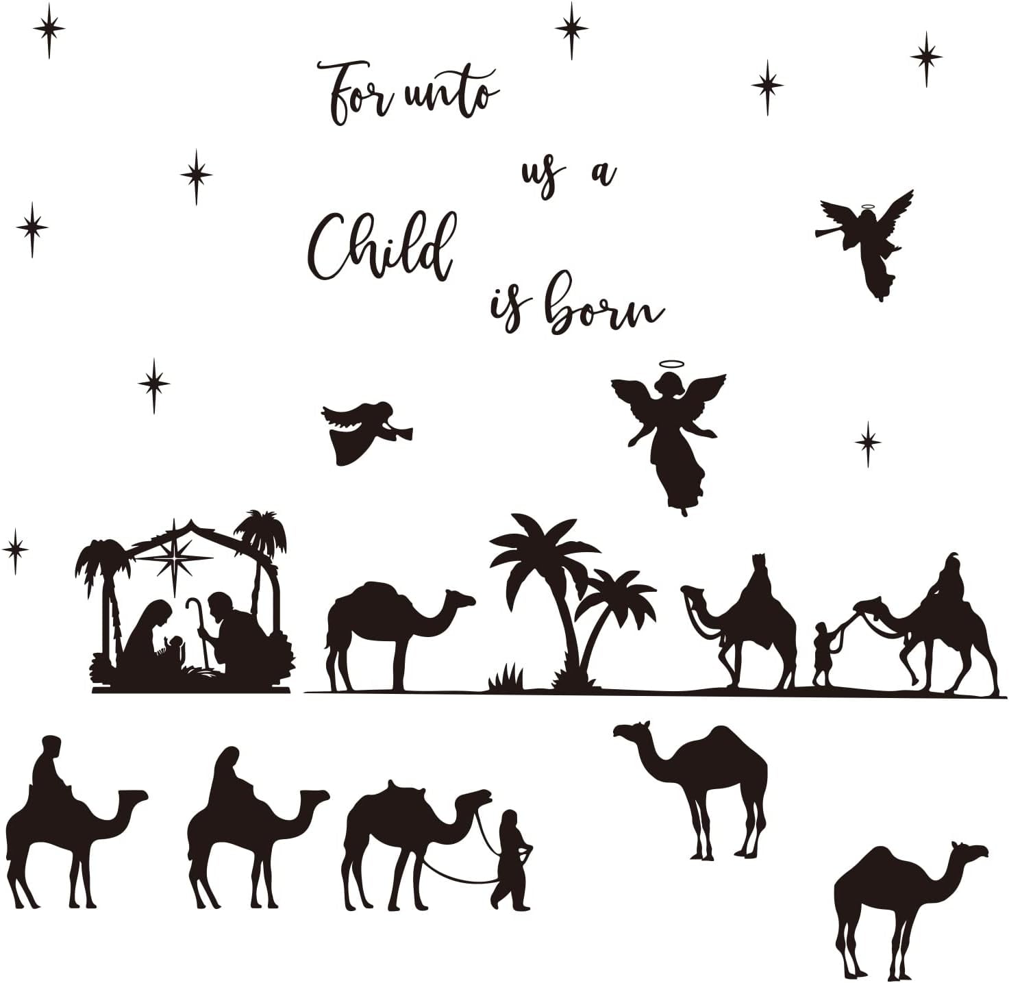 Christmas Nativity Scene Wall Decor Stickers Unto Us a Child is Born Nativity Vinyl Wall Decal Camel Vinyl Wall Stickers Mural Self-Adhesive DIY