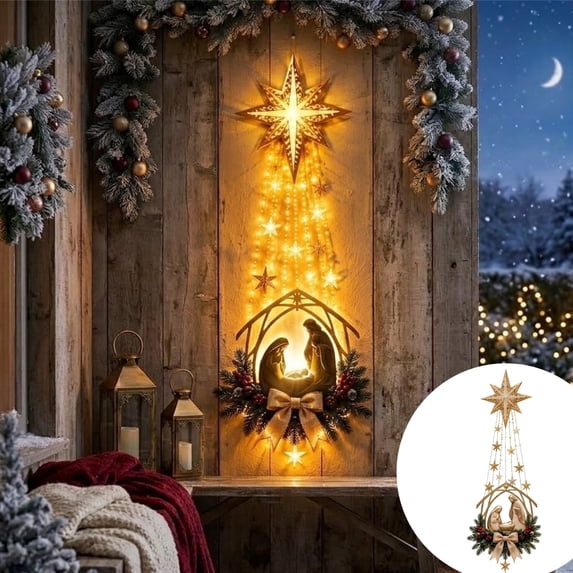 Christmas Nativity Scene Wall Decoration, Lighted Bethlehem Star Christian Wall Decor, Religious Christmas Wall Lights for Indoor Outdoor