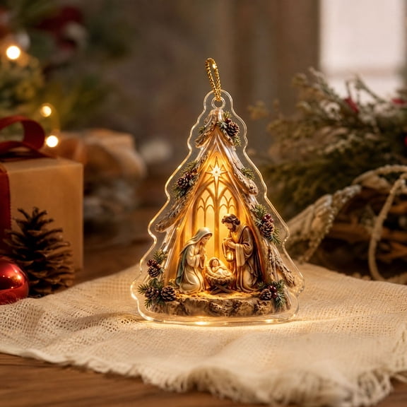 Christmas Nativity Scene Warm Glowing Acrylic Tree Shape Ornament - Holy Family Hanging Pendant with Golden Rope for Christmas Tree Window Fireplace Wall Religious Gift