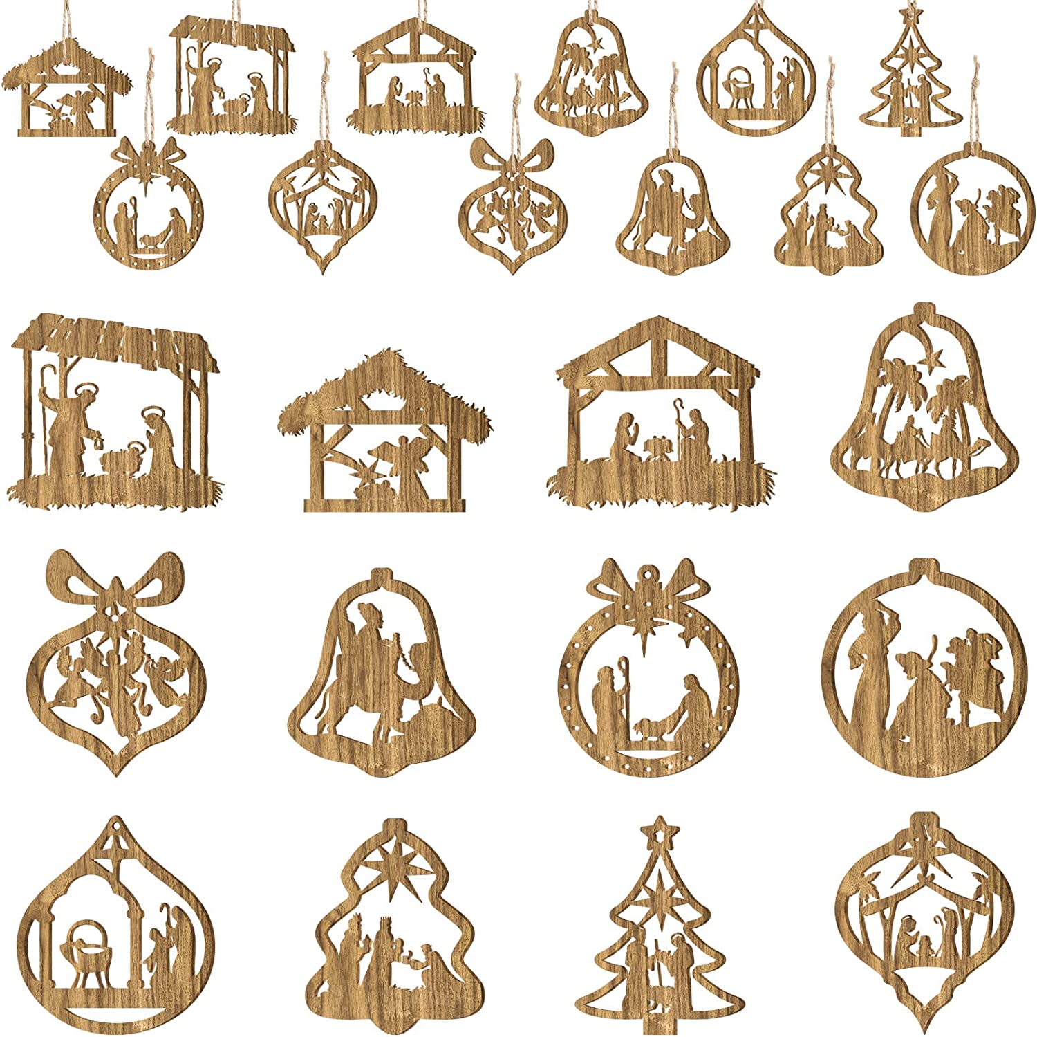 Christmas Nativity Scene Wooden Hanging Ornament, 24 Pieces, Religious