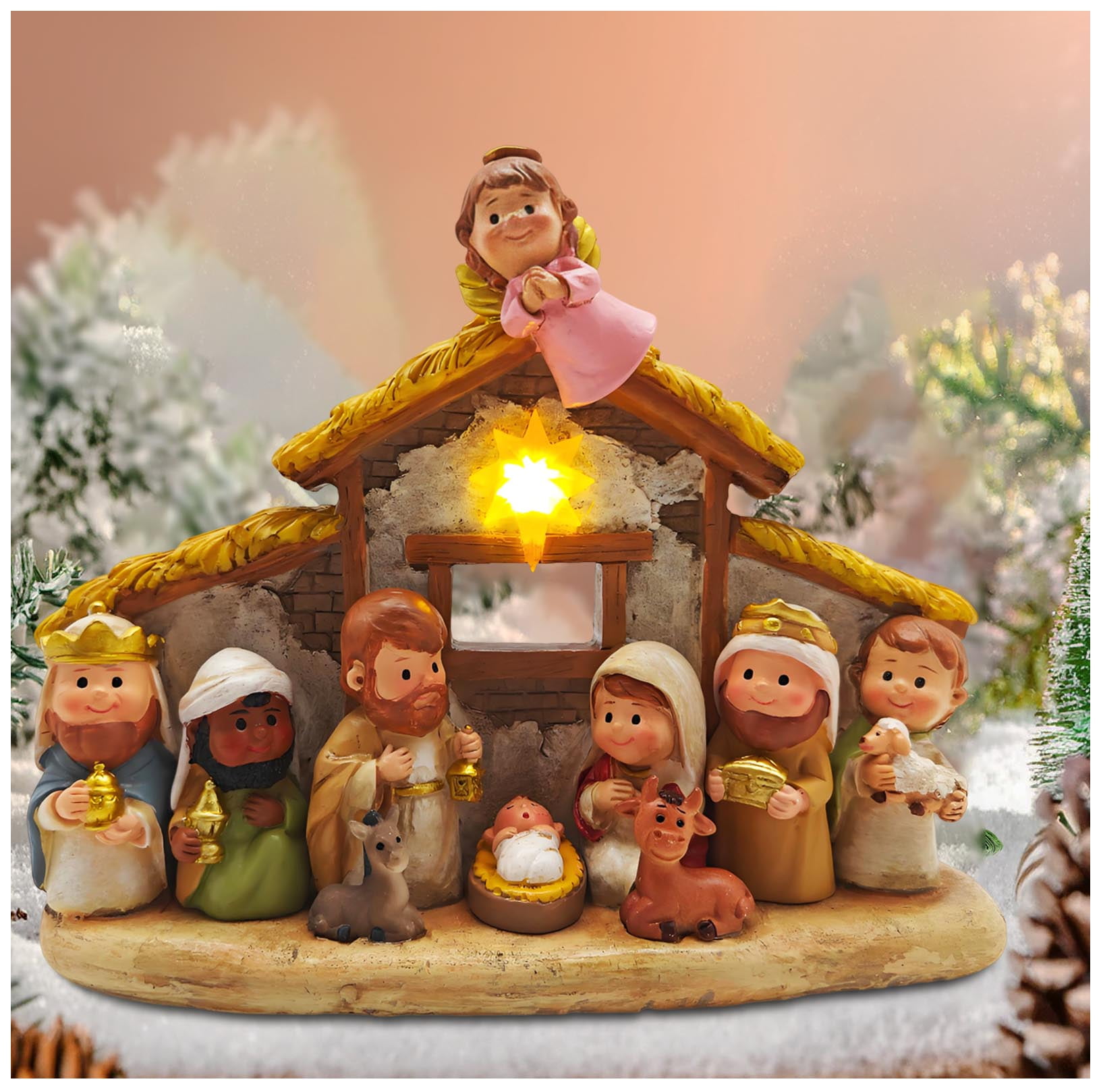 Christmas Nativity Set with Baby Jesus in Manger, Little People Nativity Set with LED Lights