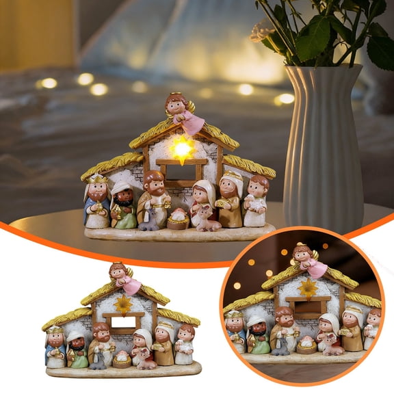 Christmas Nativity Set with LED Light,Mini Little People Nativity Scene-Hand Painted Manger Figurines with Baby Jesus,Religious Indoor Tabletop Decor,Christian Nativity Story Figures for Easter Gifts