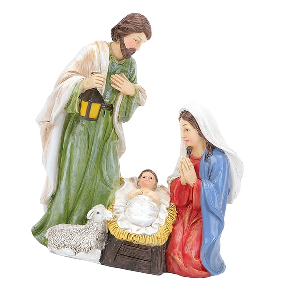 Christmas Nativity Set with LED Light Holy Family Resin Statue Button Power Cordless for Living Room Office Display
