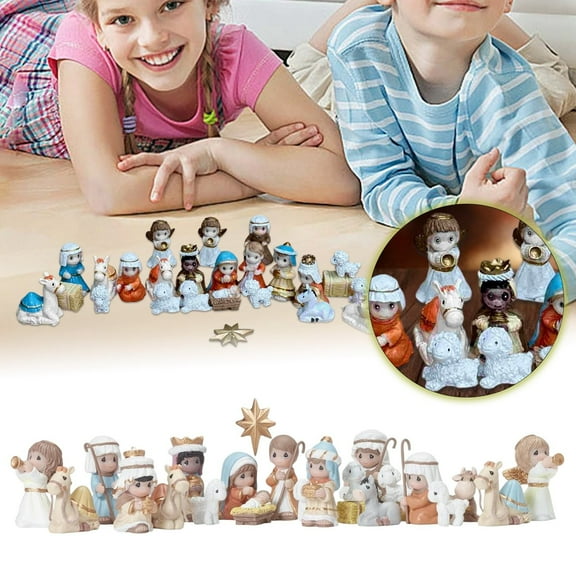 Christmas Nativity Sets Set of 24 Mini Nativity Scene Resin Figurines Xmas Holy Family Cute Table Ornaments Religious Holiday Collection Gifts Nativity Mantle Shelf Decor (Not Include Box)