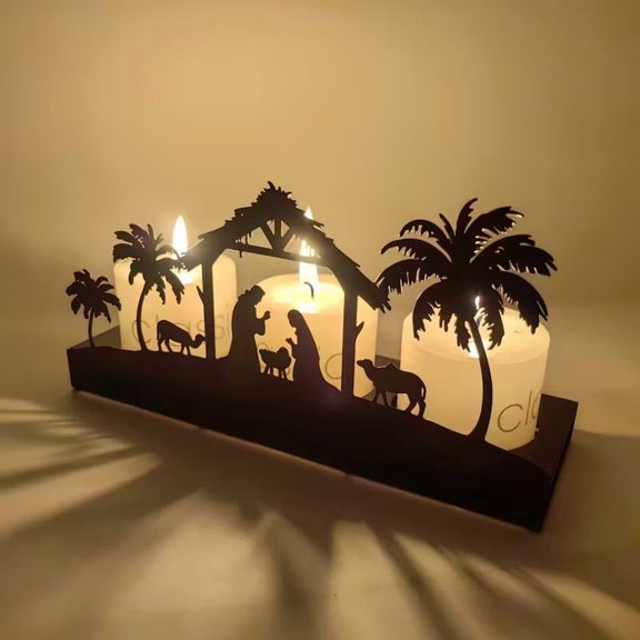 Christmas Nativity Shadow Candle Holder  Metal Projection Candle Holder with Mary, Joseph & Baby Jesus for Holiday Table Decor, Mantel, and Windowsill Display