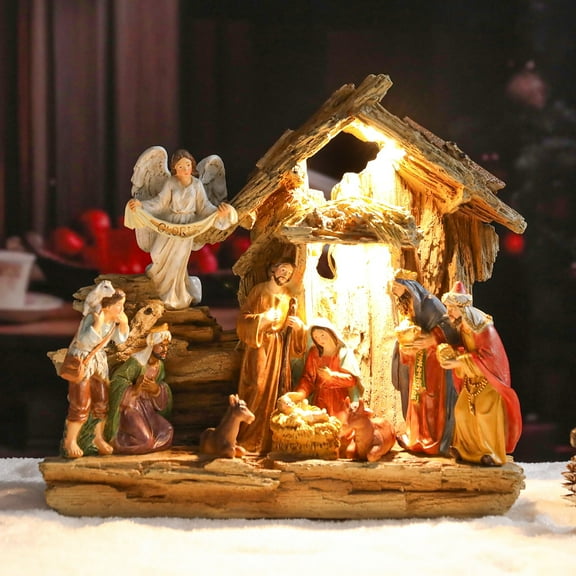 Christmas Nativity Tabletop-Set Figurine Resin Figurines Ornaments Set with LED Light Tabletop Decoration Nativity Scene Figurine Decoration Christmas Home Decoration