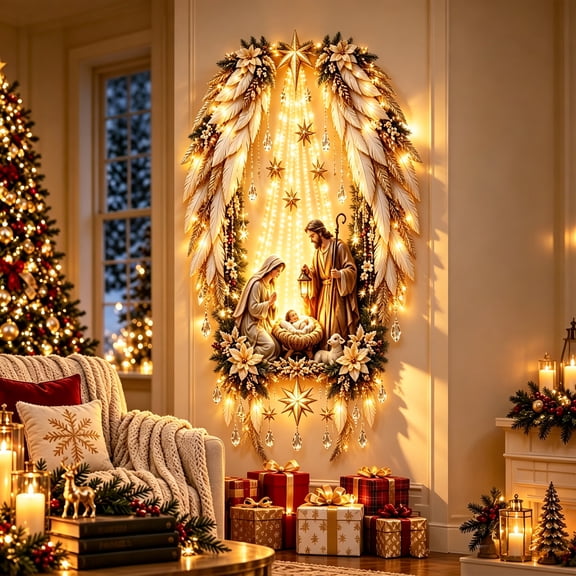 Christmas Nativity Wall Hanging with Bethlehem Star and LED Lights Gold Indoor/Outdoor Decor