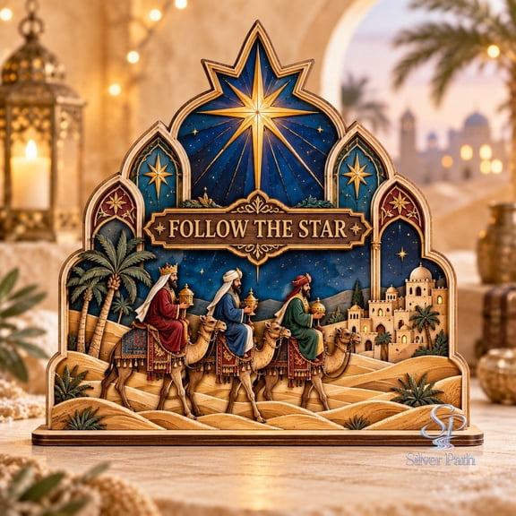Christmas Nativity Wooden Block, Three Wise Men Bethlehem Star Tabletop Display for Christian Households