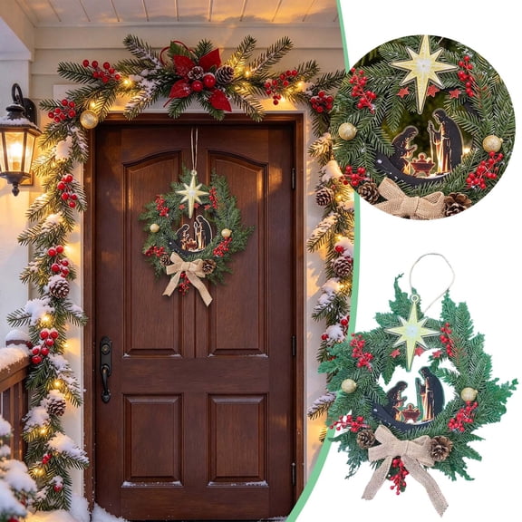 Christmas Nativity Wreath Hanging Decoration for Front Door Xmas, Festive Xmas Wreath for Wall, Fireplace and Window, Hanging Display with Red Berries and Pine Cones