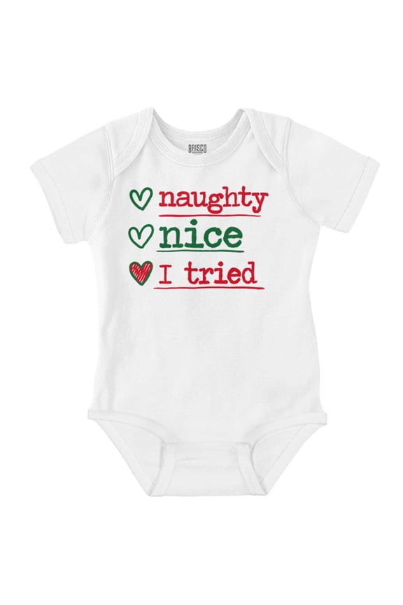 Christmas Naught Nice I Tried Hearts Baby Romper Boys or Girls Brisco Brands 18M