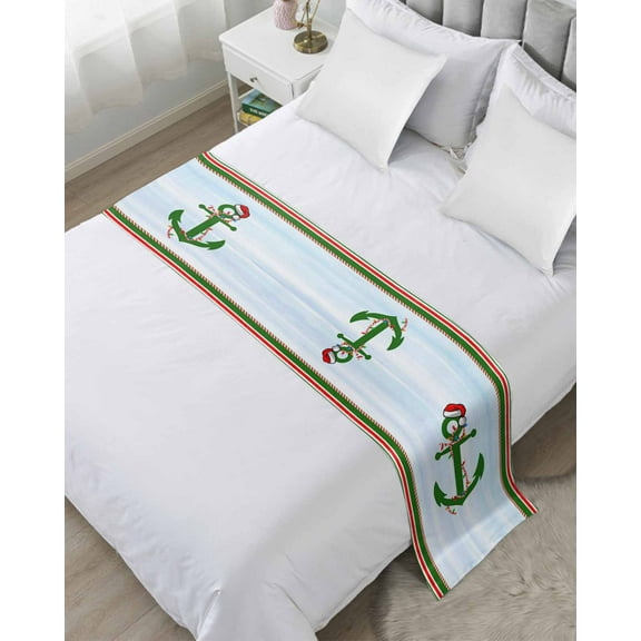 Christmas Nautical Bed Runner for Twin Size Bed, Blue Xmas Red Green Striped Bedspread Protector Slipcover Bed Scarf for Foot Bed Runners & Scarves for Bedroom Hotel Wedding Room 71x20 Inches