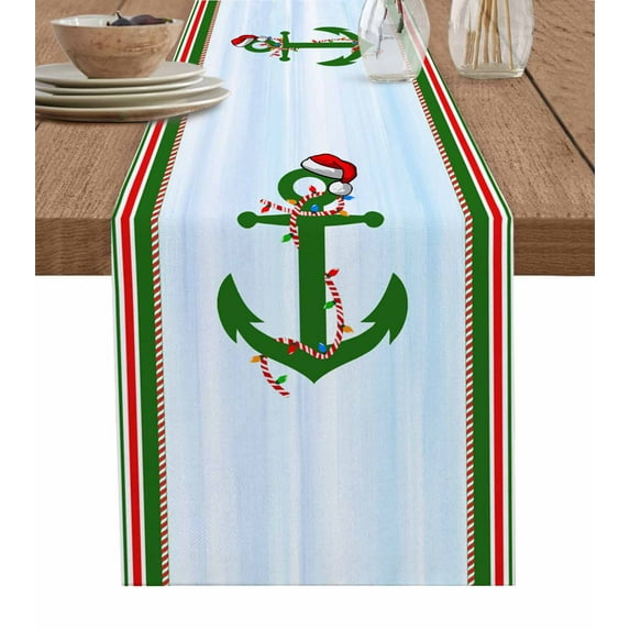 Christmas Nautical Burlap-Cotton Table Runner 90 Inches Long,Blue Xmas Red Green Striped Farmhouse Table Runners,Outdoor Dining Tablecloths Decor for Baby Shower Party Wedding 13x90