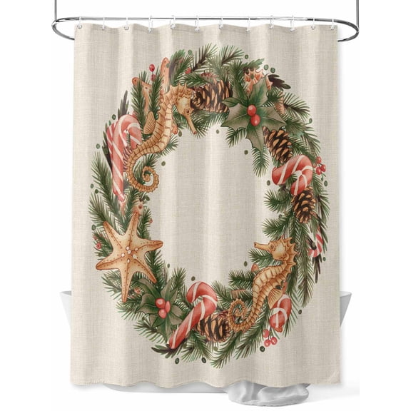 Christmas Nautical Shower Curtain Set, Waterproof Shower Curtains for Bathroom, Winter Coastal Pine Seahorse Starfish Washable Fabric Cloth Bath Curtain for Bathtub Decoration with Hooks 54x78 Inches