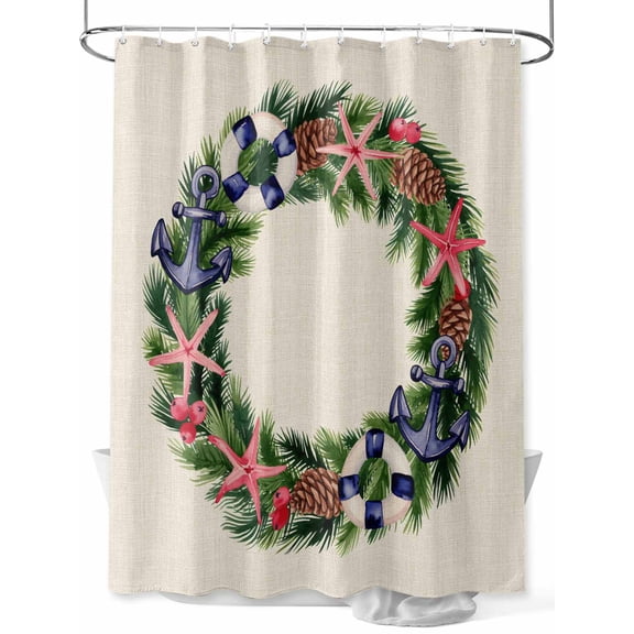 Christmas Nautical Small Stall Shower Curtain, Waterproof Shower Curtains for Bathroom, Winter Coastal Pine Anchor Starfish Washable Fabric Cloth Bath Curtain for Bathtub with Hooks 36x72 Inches