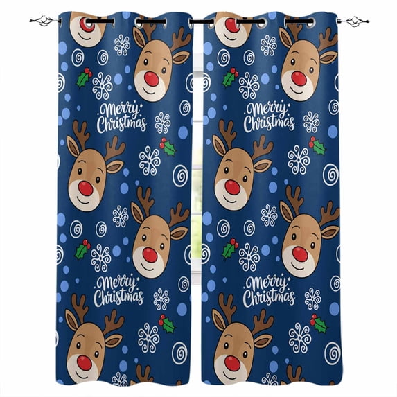 Christmas Navy Blackout Curtains for Bedroom, Xmas Cute Elk Winter Leaves Cartoon Snowflake Thermal Insulated Kitchen Drapes with Grommets, Light Blocking Window Treatment, 2 Panels 52" x 84"