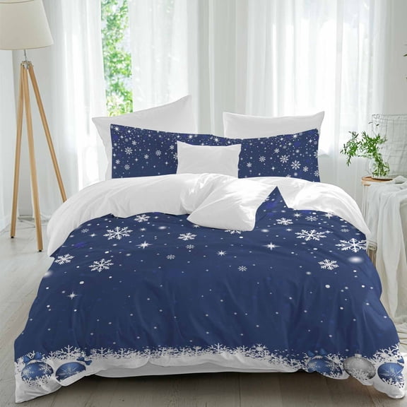 Christmas Navy Blue Comforter Set Twin Size, Winter Christmas Balls Snowflakes Star Soft Bedding Set for Man Woman, 4 Pieces Duvet Cover Set with Flat Sheet, 2 Pillowcases