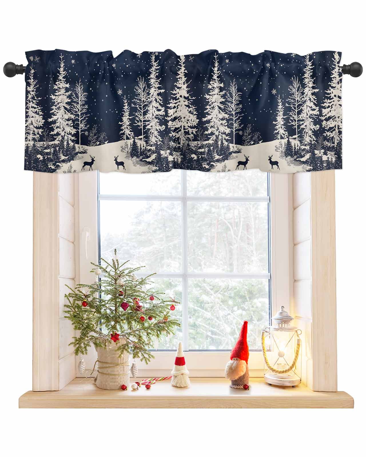 Christmas Navy Blue Curtain Valance for Windows Pine Forest Deer Xmas