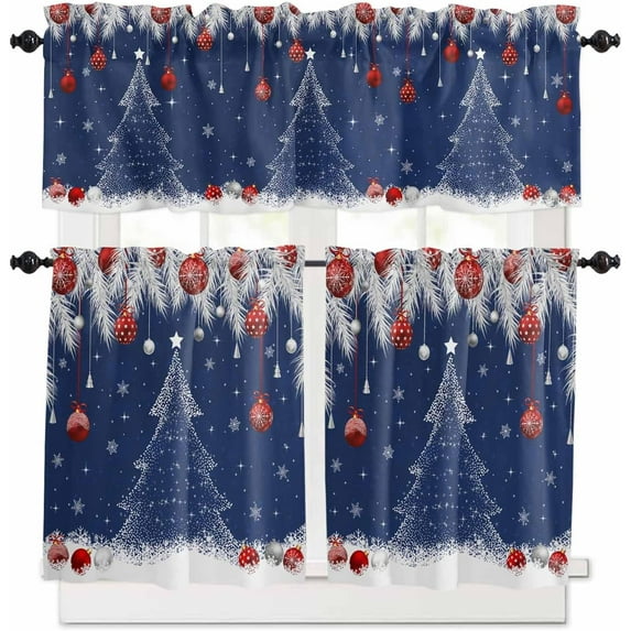 Christmas Navy Blue Kitchen Curtains and Valances Set, Rod Pocket Curtains Tier Farmhouse Window Curtains 24 Inch Length, Xmas Tree Snowflake Silver Leaves 3 Piece Kitchen Curtains Set