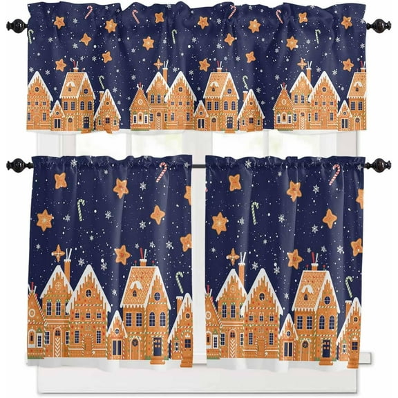 Christmas Navy Blue Kitchen Curtains, Winter House Star Candy Snowflake 3-Piece Kitchen Curtain Valance and Tiers Set 36 Inch Length, Rod Pocket Half Window Curtains for Cafe Living Room Bathroom