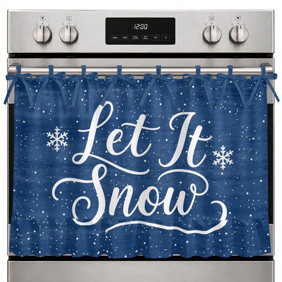 Christmas Navy Blue Oven Curtain with Tie Top, Winter Dreamy Pastoral Snowflakes Snow Dots Oven Skirt Curtains with Tie Top Cabinet Cover Curtain for Small Kitchen Apartment Decor 27 x 20 Inches