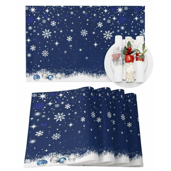 Christmas Navy Blue Placemats Set of 4 Winter Christmas Balls Snowflakes Star Heat Insulation Washable Place Mats, Rustic Non-Slip Table Mats for Dining Table Party Kitchen Decor,13x19 Inch