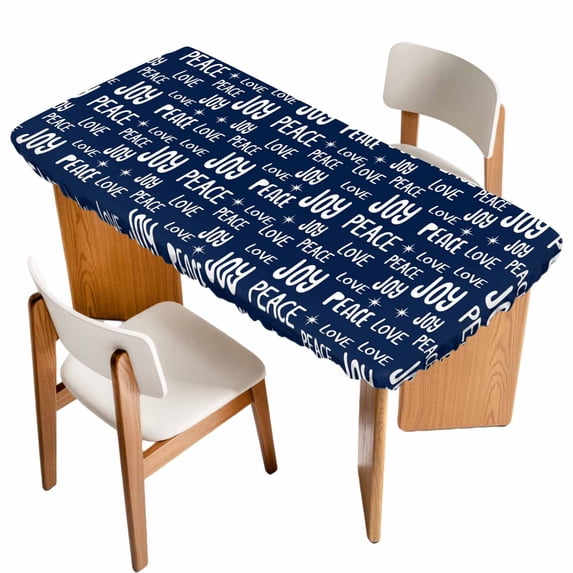 Christmas Navy Blue Table Cloths for 3 Foot Rectangle Tables, Peace Love Xmas Holiday Patio Waterproof Elastic Fitted Tablecloths, Washable Rectangular Table Cover for Camping