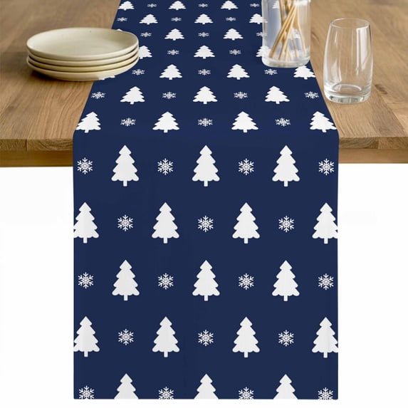 Christmas Navy Blue Table Runner 60 Inches Long Farmhouse Dress Scarves, Winter Snowflakes Modern Xmas Trees Dining Tablerunner for Coffee Table/Kitchen Island/Party Décor, 13" x 60"