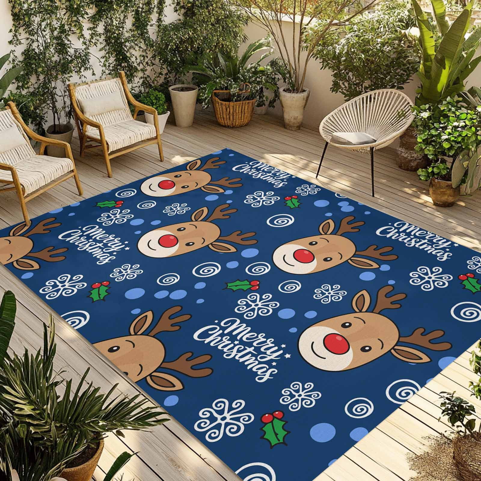 Christmas Navy Outdoor Rug for Patio/Deck/Porch, Non-Slip Large Area ...